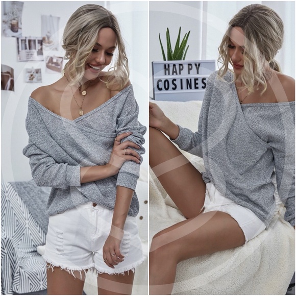 Off shoulder h. grey knit long sleeve top - Picture 3 of 4